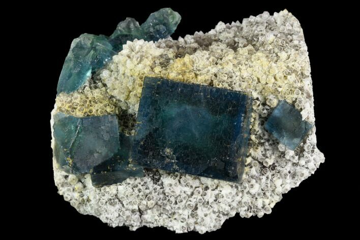 Cubic, Blue-Green Fluorite Crystals on Quartz - China #121997